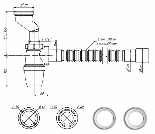 Сифон для ванны/Обвязка/сифон для ванны Е255 / 1 1/2"*40.50 с гофрой - купить в 